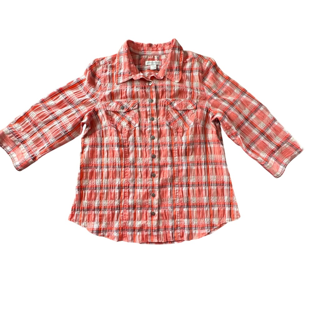 Christopher & Banks Button Up Women Orange Excellent Plaid Crinkle 3/4 Sleeve‎